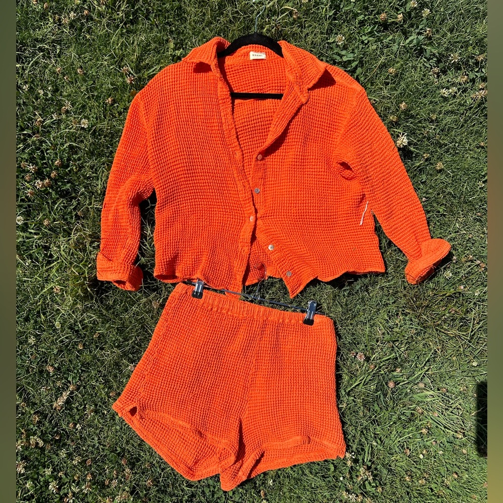 DONNI. Orange Waffle Knit Top and Shorts Set